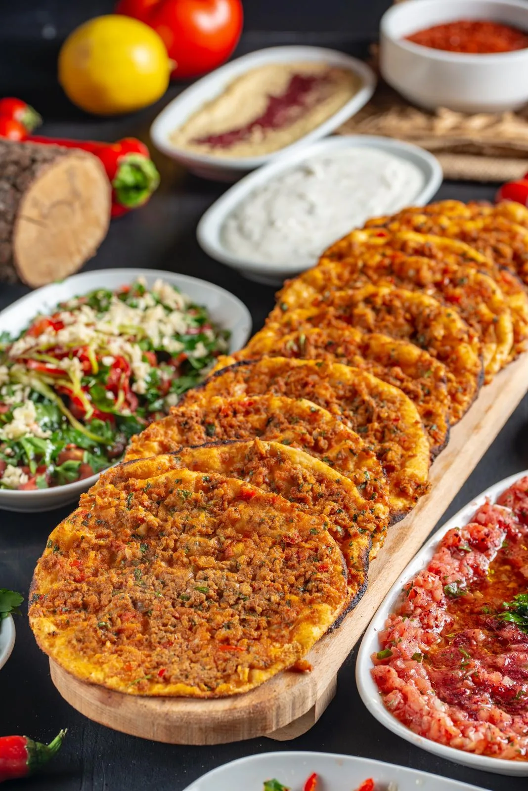 Fındık lahmacunlar ve beraberinde servis edilen mezeler